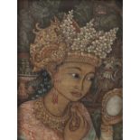 Balinese School A head of a girl, oil on canvas in a carved frame, 26cm x 18cm