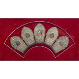 A Thai painted collar circa 1900 of crest form with five panels of Buddhas, framed