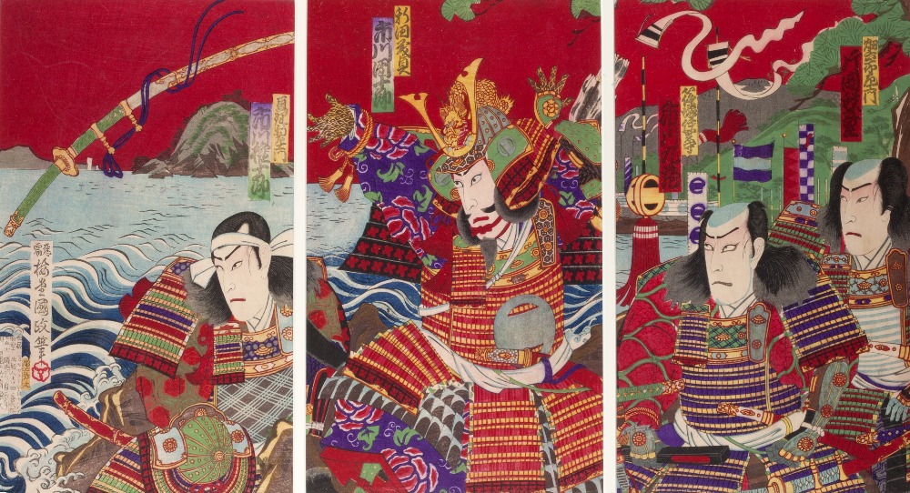 Kunisada III (Japanese, 1848-1920) Yoshisada tossing his word into the sea, signed, triptych