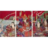 Kunisada III (Japanese, 1848-1920) Yoshisada tossing his word into the sea, signed, triptych