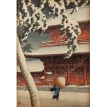 Kawase Hasui (Japanese, 1883-1957) Snow at Zojoji temple, no margins, oban woodblock, 36cm x 26cm