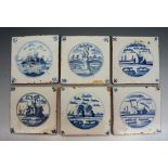 A SET OF SIX ANTIQUE DELFT BLUE AND WHITE SQUARE TILES with varying landscape decoration, 13cm