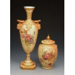 A ROYAL WORCESTER POT POURRI VASE AND PIERCED COVER, the blush ivory ground painted with floral