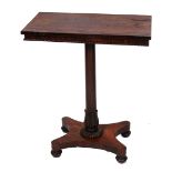 A GEORGE IV ROSEWOOD RECTANGULAR OCCASIONAL TABLE on tapering column with carved foliate