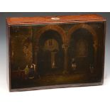 A 19TH CENTURY ROSEWOOD WRITING BOX, the lid inset with a painted and gilt heightened panel