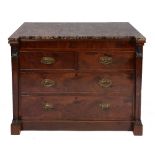 A 19TH CENTURY MAHOGANY CHEST of two short and two long drawers with variegated marble top and