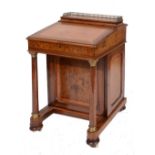 A VICTORIAN FIGURED WALNUT AND TUNBRIDGE BANDED DAVENPORT, the sloping leather inset top and