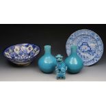 A SMALL COLLECTION OF CERAMICS to include a pair of Chinese turquoise glazed bottle cases, 18cm