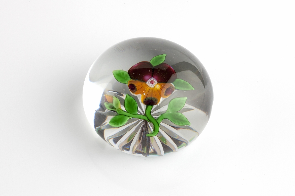Baccarat 'Pansy' glass paperweight, probably circa 1907-1930s purple and amber petals, star-cut base