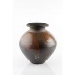 Tim Andrews (British, b.1960) Vase burnished raku with poured crackle glaze impressed potter's