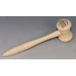 AN IVORY AUCTIONEERS GAVEL with ring turned handle inscribed Presented to Lady Hawke by the Chief of