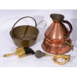 A COLLECTION OF METALWARE TO INCLUDE: two gallon copper hot water jug with brass tap, 40cm high; a