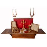 A 19TH CENTURY FRENCH TRAVELLING ALTAR AND COMMUNION SET including: A silver gilt and blue enamel