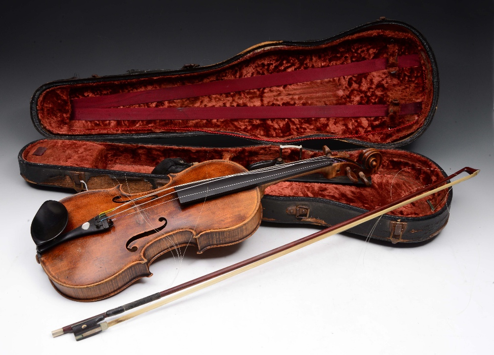 A 19TH CENTURY CONTINENTAL, PROBABLY GERMAN, VIOLIN stamped Turner London (Retailers) with bow in