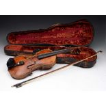A 19TH CENTURY CONTINENTAL, PROBABLY GERMAN, VIOLIN stamped Turner London (Retailers) with bow in