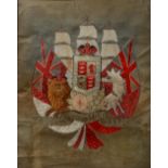 A 19TH CENTURY NEEDLEWORK ARMORIAL Dieu et Mondroit, 45 x 38cm, framed