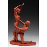 ATTRIBUTED TO GMUNDER KERAMIK OF AUSTRIA: Nude ballet dancers, terracotta, impressed 26241, 41cm