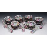 A SET OF FIVE CHINESE REPUBLICAN PERIOD RICE BOWLS AND COVERS with saucers and spoons