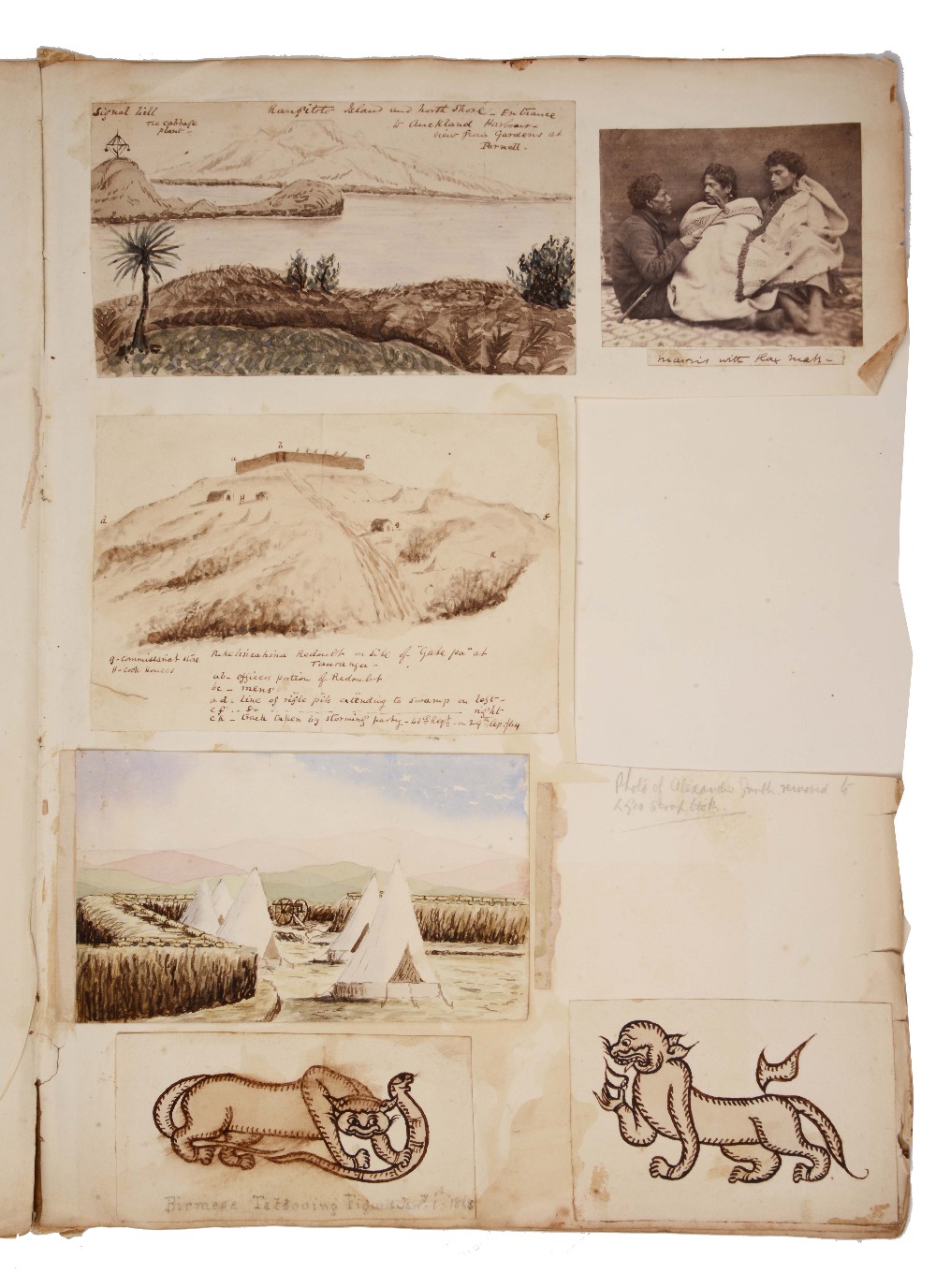 FIVE PAGES OF WATERCOLOUR SKETCHES AND PHOTOGRAPHS from a Victorian album with Grubb family