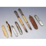 A COLLECTION OF EIGHT FRUIT KNIVES, three with silver blades including a patented knife and fork