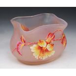 AN ART DECO PINK OPAQUE GLASS BOWL painted hibiscus decoration, 15cm wide