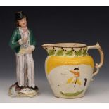 A STAFFORDSHIRE POTTERY DOUBLE SIDED FIGURE of Gin and Water, 21cm high; and a creamware jug with