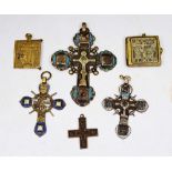 A COLLECTION OF SIX CHAMPLÊVÉ AND OTHER RELIQUARIES, four of cruciform, largest 7.5cm high (6)