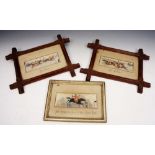 A PAIR OF STEVENGRAPHS, 'The Start' and 'The Struggle' in Arts & Crafts pine frames, 23 x 30cm