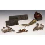 A COLLECTION OF SEVEN PIECES OF METALWARE TO INCLUDE: a bronze model of a partridge, 13cm long; a