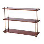 A SET OF THREE CAMPAIGN BRASS AND WOODEN COLLAPSIBLE SHELVES of open rectangular form, 80cm wide