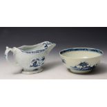 AN 18TH CENTURY LIVERPOOL BLUE AND WHITE BOWL painted with chinoiserie scenes, 16cm diameter; and an