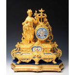 A LATE 19TH CENTURY FRENCH GILT MANTEL CLOCK having turquoise glazed, florally painted and gilt