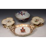 A 19TH CENTURY SPODE SHAPED DISH, centred with a painted armorial 'A Deo Lux Nostra', within gilt