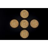 FIVE GOLD HALF SOVEREIGNS, dated 1903, 1904, 1905 and two dated 1906 (5)