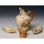 A ROYAL WORCESTER IVORY GROUND JUG painted and gilt decorated with flowers, No. 1094, 13.5cm high; a