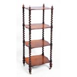 A VICTORIAN ROSEWOOD FOUR TIER WHATNOT, the shaped tiers with barley twist turned supports on