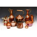 A GROUP OF TEN PIECES OF COPPERWARE TO INCLUDE a large English kettle, 35cm high, a pair of baluster