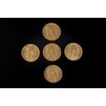 FIVE GOLD HALF SOVEREIGNS, two dated 1910, two dated 1911, one dated 1908 (5)