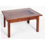 A CONTEMPORARY WALNUT DISPLAY TABLE, with inlaid and box string glazed top and single frieze