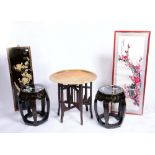 A PAIR OF ORIENTAL BLACK LACQUERED STOOLS with inlaid decoration, 45cm high; a Chinese scroll