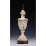 A WHITE MARBLE TABLE LAMP of classical urn form on a square stepped base, 46cm high