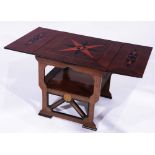 AN EARLY 20TH CENTURY MAHOGANY DRAW LEAF TABLE, the top and flaps inlaid with star and formal design