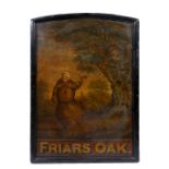 A GEORGE III PAINTED FRIARS OAK PUBLIC HOUSE SIGN, canvas laid down on panel within a black