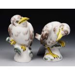 A PAIR OF MEISSEN 'FUNNY BIRDS', with grey feathered markings and yellow claws and beaks, 10cm