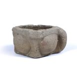 A 16TH/17TH CENTURY ENGLISH MEDIEVAL GRIT STONE MORTAR of circular two handle form by repute