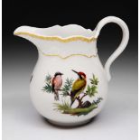 A MEISSEN CREAM JUG painted with garden birds and insects, and with gilt heightened basket weave