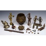 A COLLECTION OF FIVE PIECES of Indian and South East Asian metalware to include: a spice box,