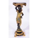 AN ANTIQUE VENETIAN STYLE BLACKAMOOR TORCHERE with painted decoration on gilded claw feet, 99cm