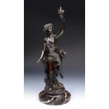 A FRENCH BRONZE AFTER THE ANTIQUE a nude girl holding a flame aloft on a marble plinth, 49cm high