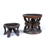 A ZAMBIAN WOODEN DISH TOPPED STOOL with shaped supports, 27cm diameter and a Nigerian, Ibo